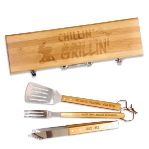 Personalized bamboo BBQ grill box gift set with laser engraved designs and stainless steel grill fork, spatula and tongs