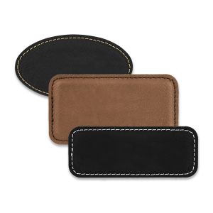 Rectangle and oval shaped black and brown blank leather name tags with sown edges.