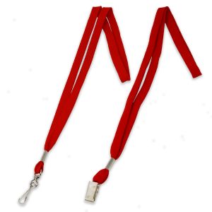 Red 1/2" polyester shoelace lanyard with swivel hook fastener and bulldog clip fastener