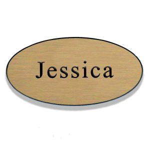 Oval shaped restaurant name tags with multiple wood grain finishes.