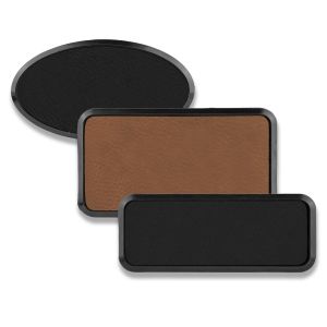 Framed rectangle and oval brown and black leatherette name tags blank.