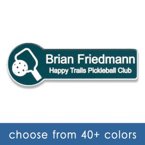 Green pickle ball tag with engraved logo and text.