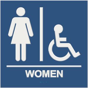 blue ada compliant restroom sign with braille and raised lettering, women, and wheelchair accessible pictograms