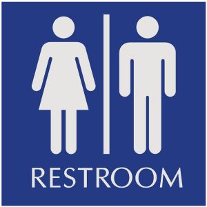 blue restroom sign with engraved unisex pictograms