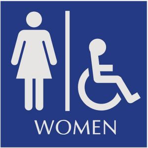 blue restroom sign with engraved women and wheelchair accessible pictograms