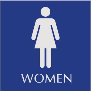 blue restroom sign with engraved women pictograms