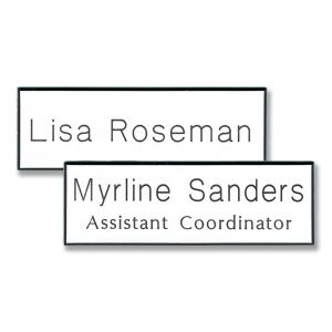 White LDS temple name tags with engraved names and titles.