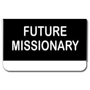 small pocket style imitation LDS missionary tag, black background with the words Future Missionary engraved in white