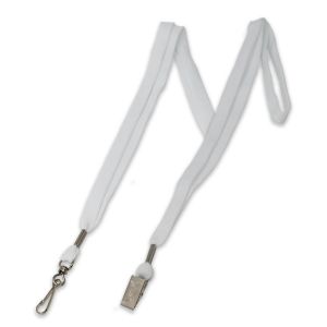 1/2" polyester shoelace white lanyards with swivel hook fastener and bulldog clip fastener.