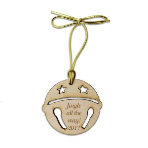 Birch wood sleigh bell Christmas tree ornament with customized engraved text phrase and tied with golden metallic cord.