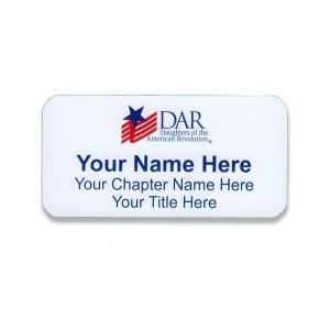 white full color daughters of the american revolution name tag with names and titles